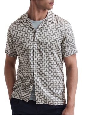 REISS Pedro Printed Medallions Cuban Collar Shirt White Green Blue Large